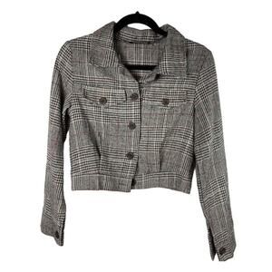 Plaid Jacket Womens Small Cropped Herringbone Shacket Button Light Weight Top